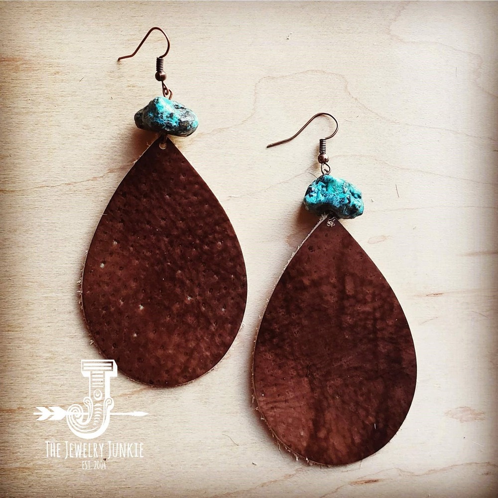 Leather Teardrop Earrings Brown Natural Turquoise Chunk